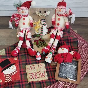 Snowman Holiday Decor 8 Item Bundle Including Tree Skirt - Stocking Holder